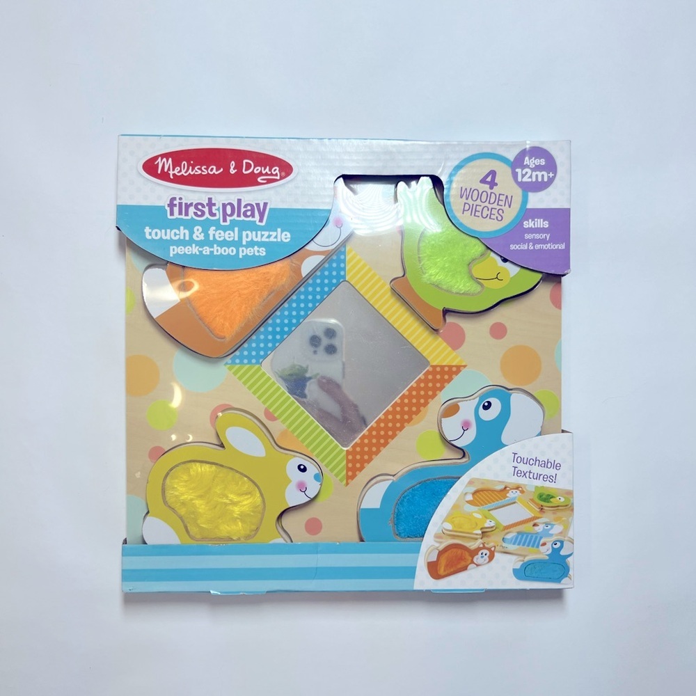 Melissa & Doug First Play Wooden Touch & Feel Puzzle Peek-a-Boo Pets With Mirror
